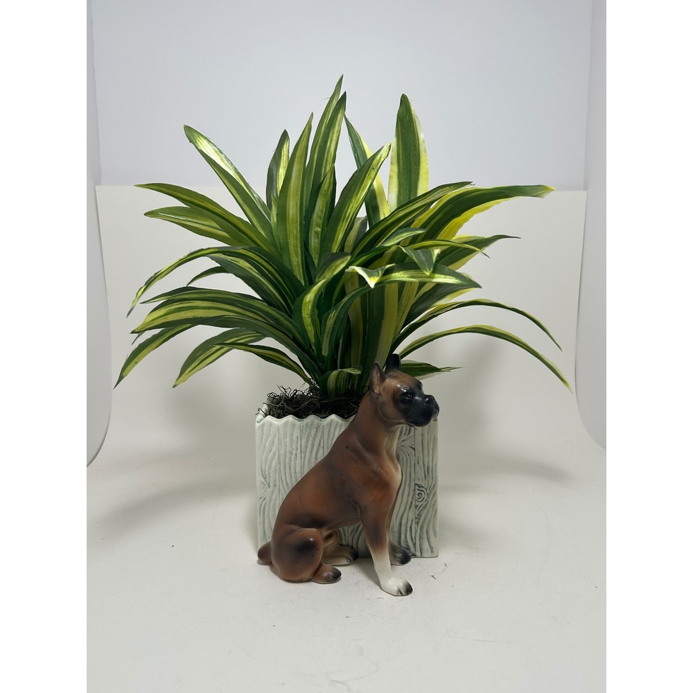 Vintage Boxer Dog Ceramic Planter Faux Bois Wood Grain Made in Japan MCM Green
